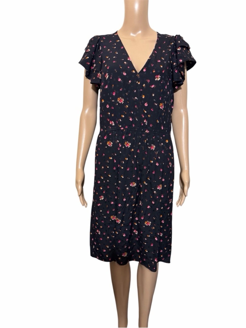 Rebecca Taylor Navy Floral V-Neck Midi Dress with Flutter Sleeves